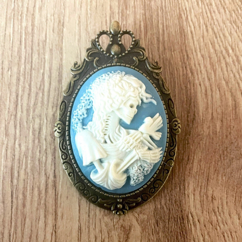 Pastel Blue and White Skeleton Lady & Bird Cameo Pendant Brooch, NWT, Handmade